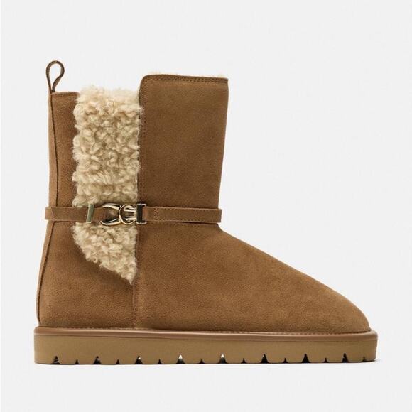 ZARA FAUX SHEARLING FLAT LEATHER ANKLE BOOTS - Picture 2 of 7